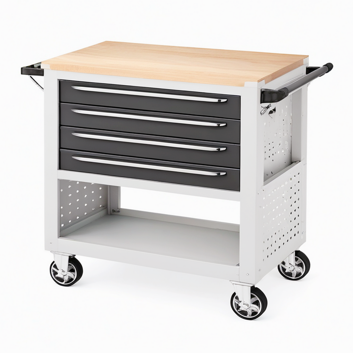 Chariot d'atelier 115 x 55 x 95 cm en acier gris avec plan de travail en bois et 4 tiroirs