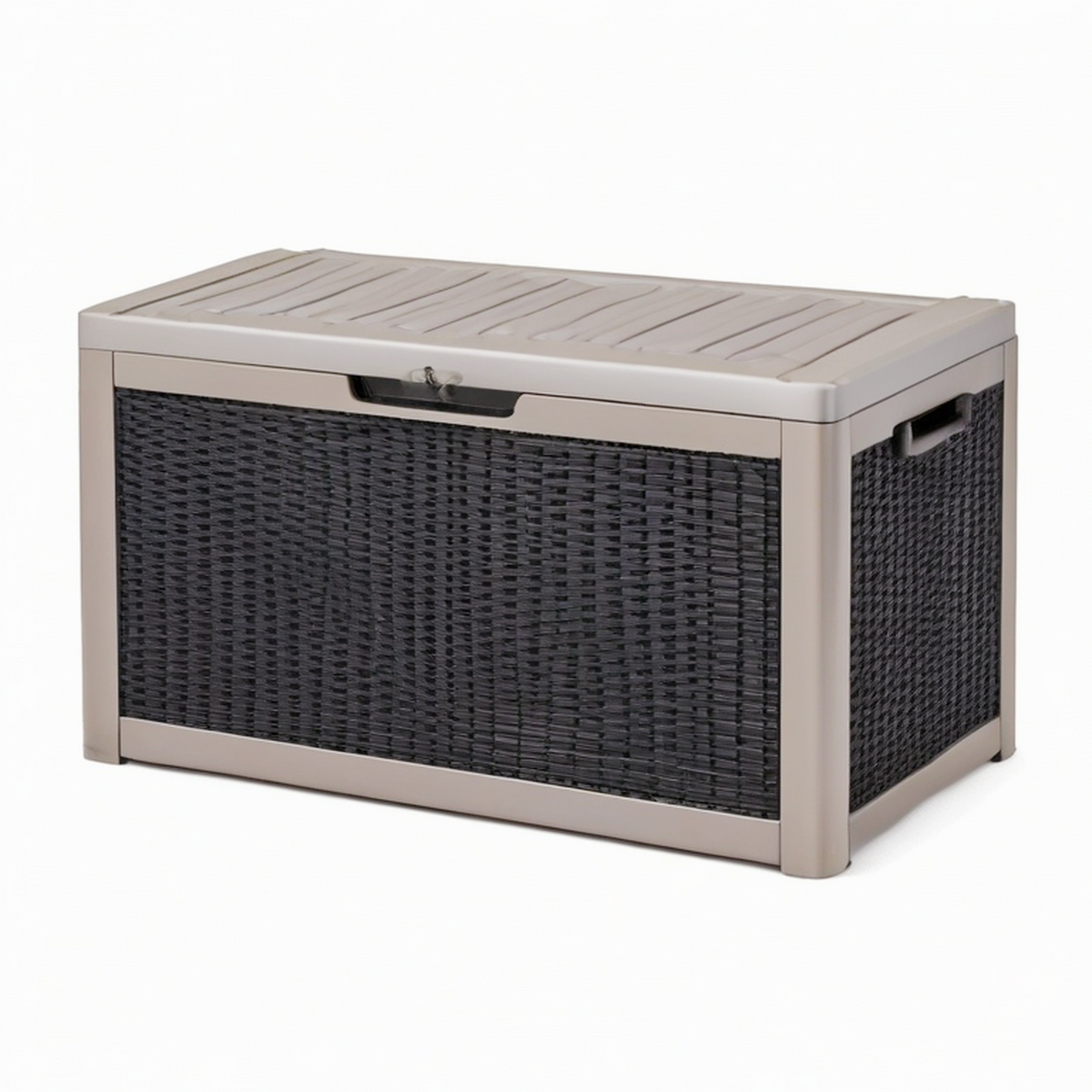 Coffre de rangement extérieur 120 x 55 x 60 cm en résine taupe et noir tressé avec couvercle