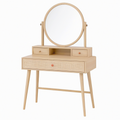 Coiffeuse 80 x 45 x 140 cm en bois beige avec miroir rond et rangements style scandinave