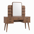 Coiffeuse 140 x 45 x 165 cm en panneaux de bois brun avec miroir et rangements style rétro