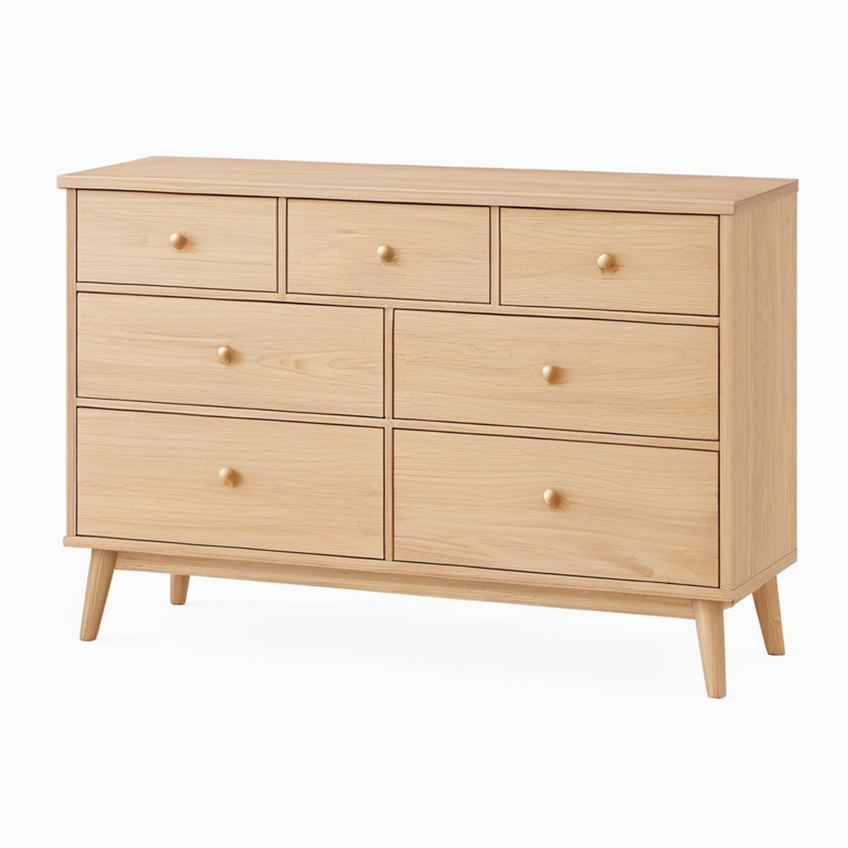 Commode 140 x 45 x 90 cm en bois chêne clair à 7 tiroirs style scandinave