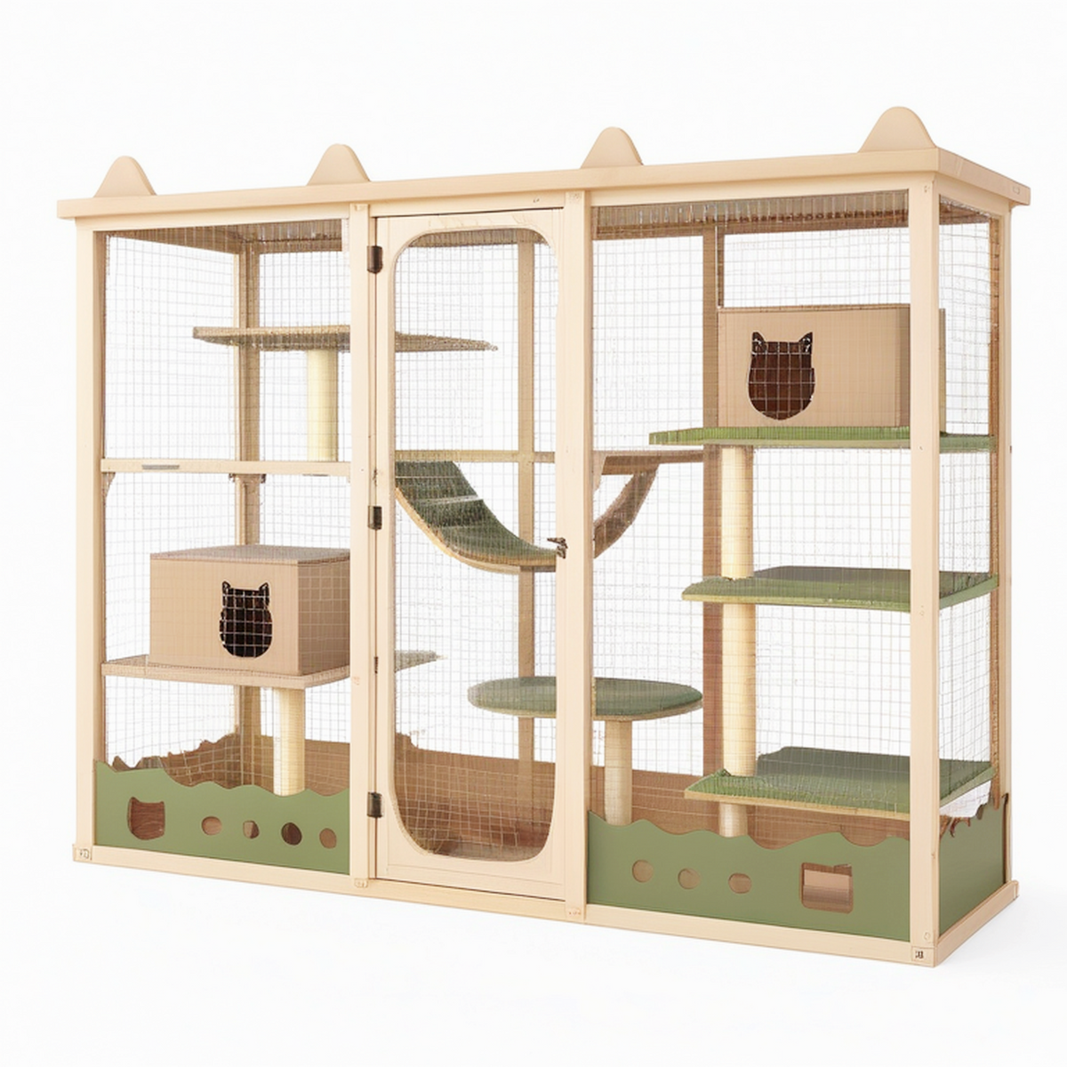 Enclos pour chats 180 x 90 x 180 cm en bois naturel vert avec plateformes griffoirs et niches