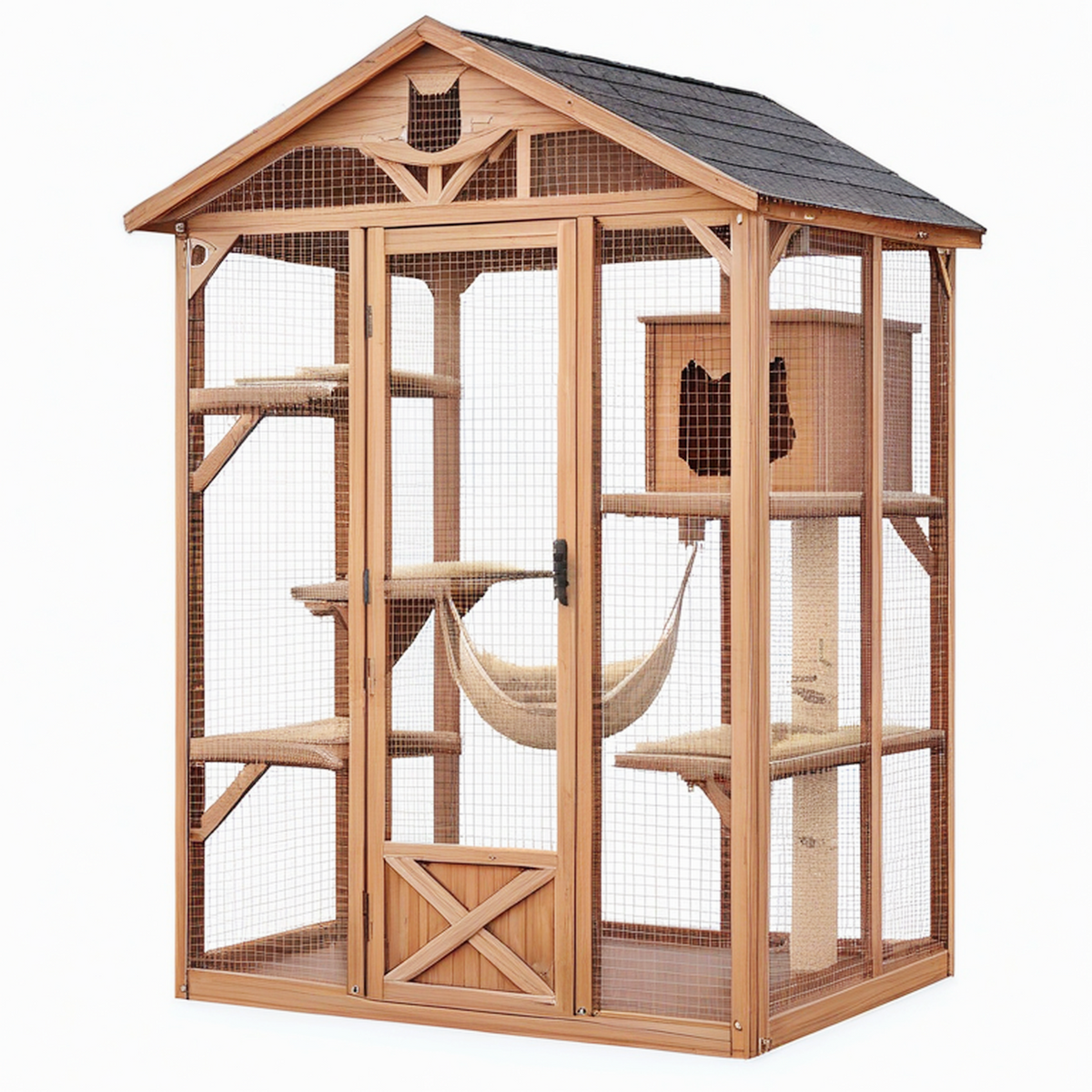 Enclos extérieur pour chat 120 x 80 x 180 cm en bois marron avec grillage et abri