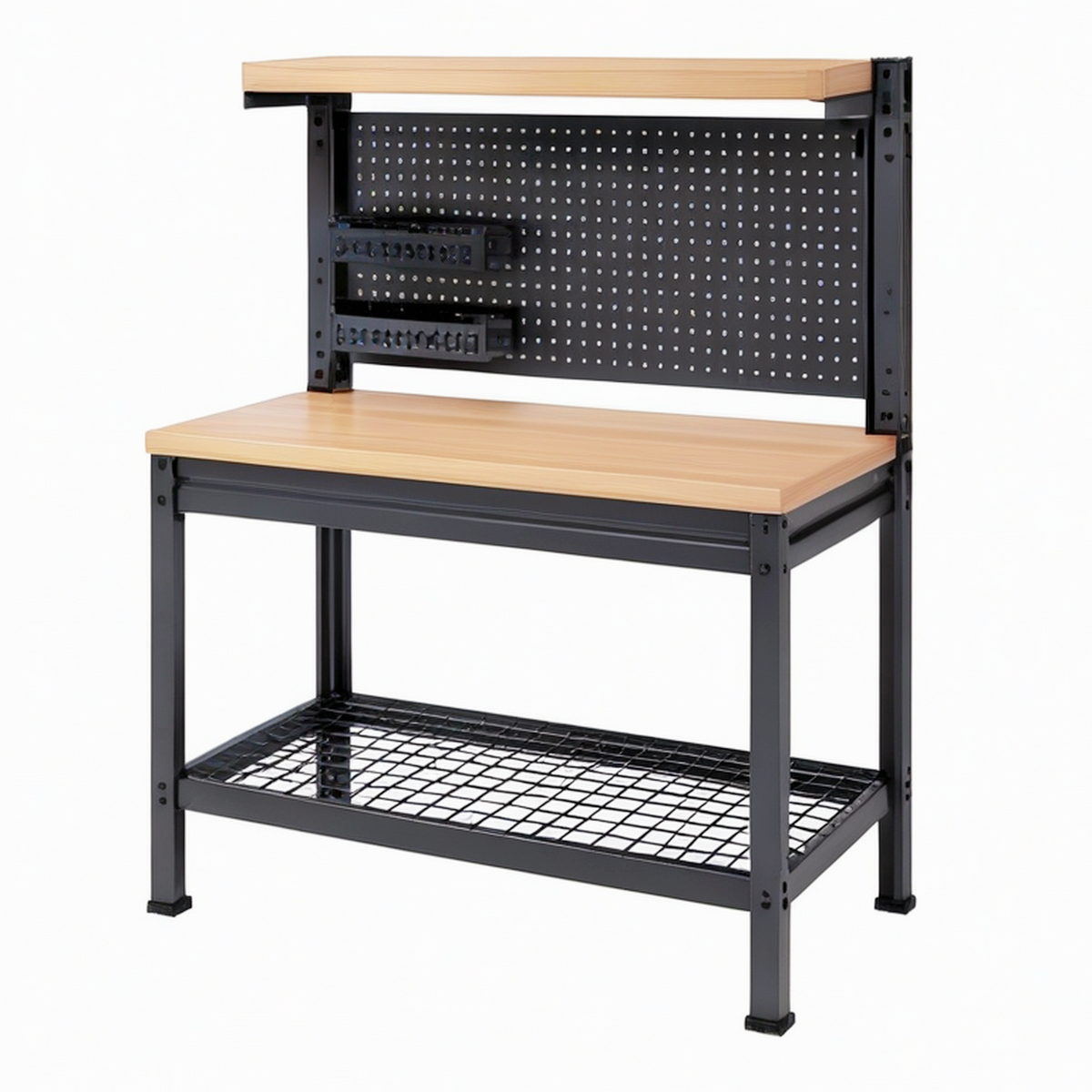 Établi d'atelier 120 x 60 x 150 cm en acier noir et bois avec panneau perforé
