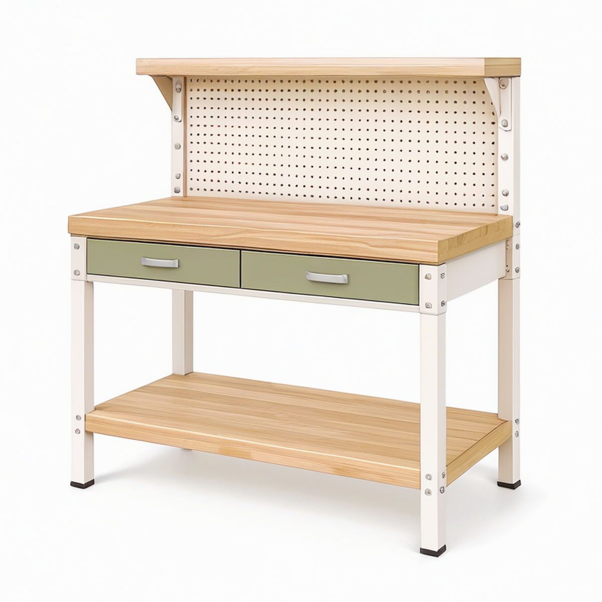 Établi 120 x 60 x 150 cm en bois et acier beige vert avec panneau perforé et tiroirs
