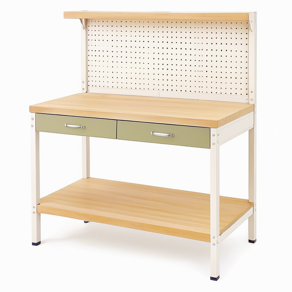 Établi 120 x 60 x 150 cm en bois et acier blanc vert avec panneau perforé et tiroirs